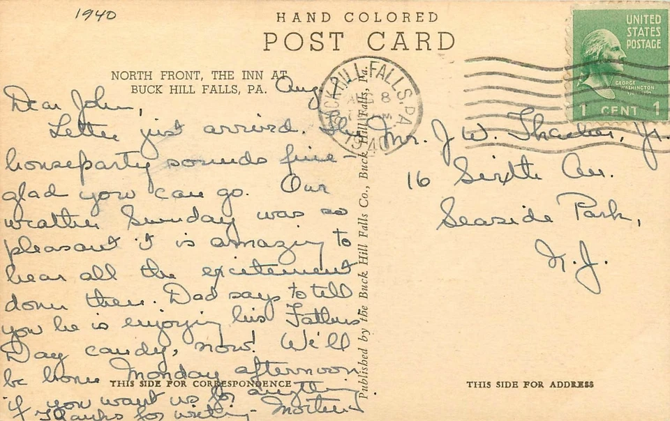 1940s Buck Hill Falls Pennsylvania North Front Inn hand Colored Postcard 25-6846 - Image 2 of 2