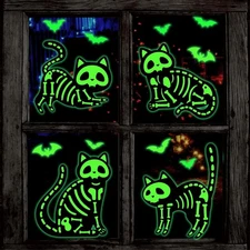 Glow in The Dark Halloween Window Clings Black Skeleton Cat Reusable Window Deca