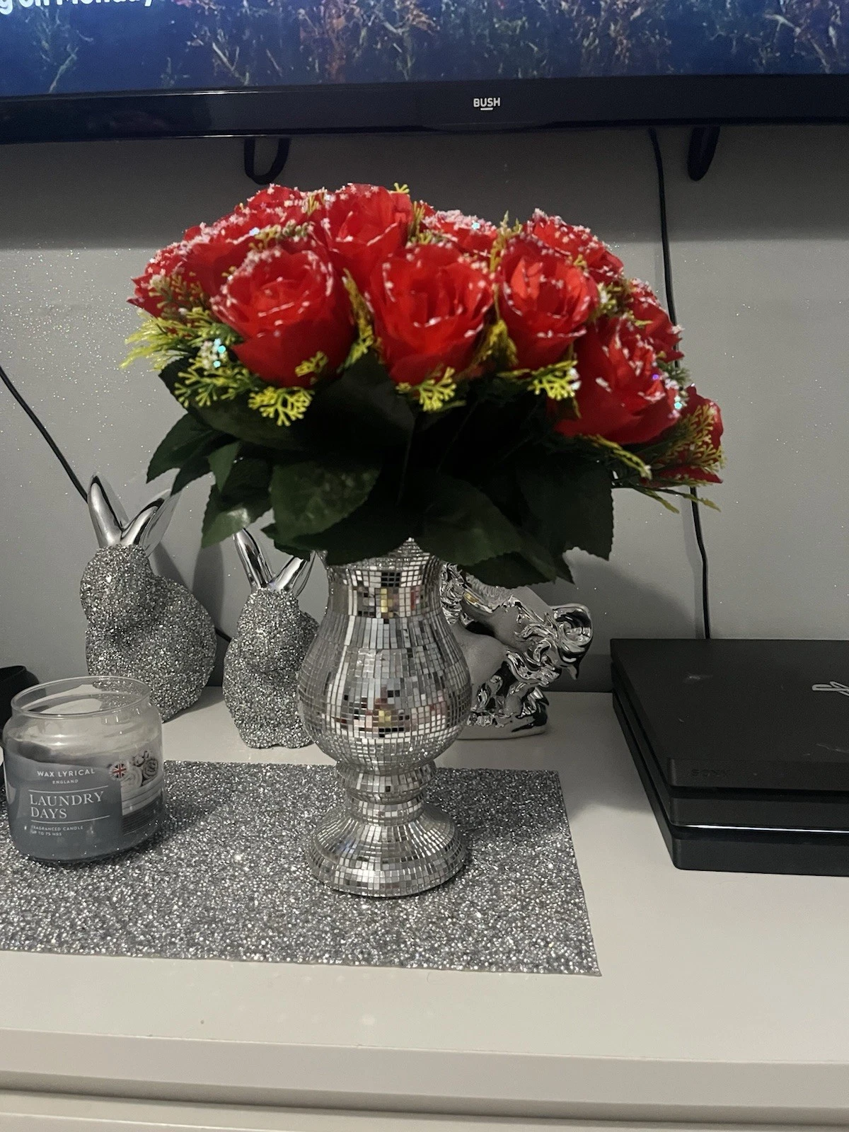 Dimond Vase With Red Flowers