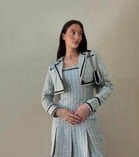 CIDER Lady Blue Pleated Mini Dress & Cropped Blazer Blue Tweed Set Black Trim S