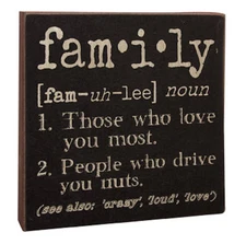 FAMILY Definition Wooden Block Sign 6x6 Primitive Rustic Distressed Black Wood