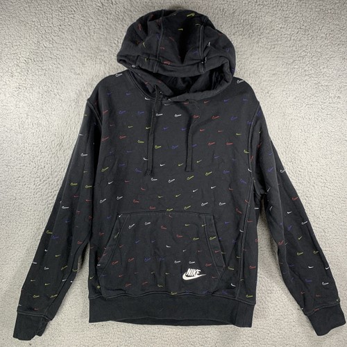 Nike Mens Hoodie Small Swoosh Print All Over Black Embroidered Logo Light Fade
