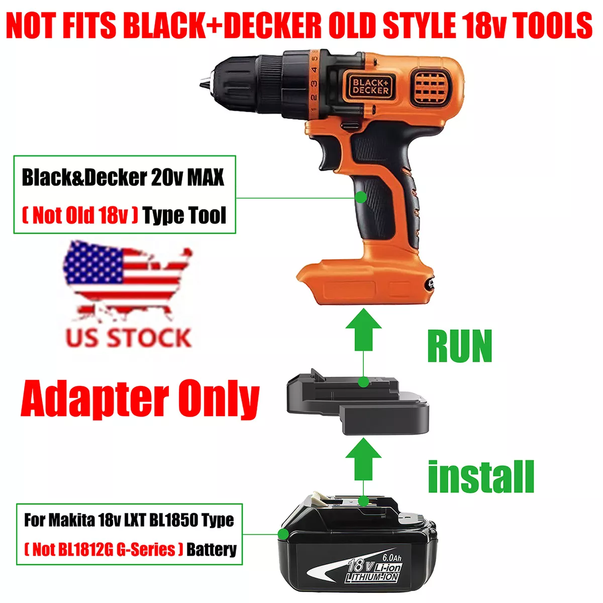 1x Adapter Upgrade Black and Decker 20v MAX (Not 18v) Tool To