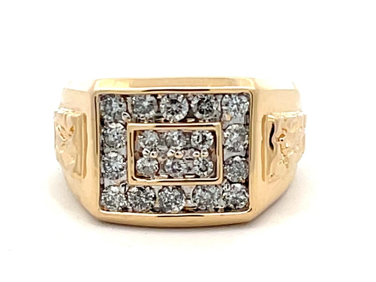 Mens Square Face Diamond Ring with Gold Nugget Shoulders in 14k