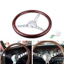 15" 38cm Classic Wood Silver Brushed Spoke Steering Wheel with Horn Button 