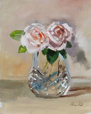 PINK  HOLIDAY ROSES IMPRESSIONISM Oil painting DEMENKO NATALIA 8X10