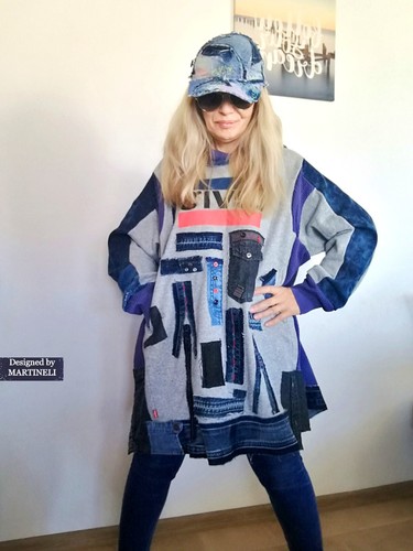 PLUS SIZE HOODED SWEATSHIRT DRESS 5X LOOSE LEVIS DENIM DRESS PATCHWORK JEANS TOP - Picture 6 of 14
