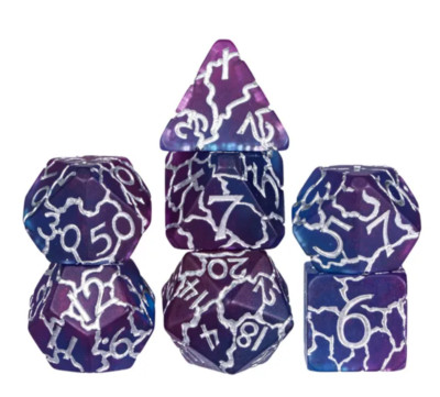    Purple/Silver Crackle Dice Set |  TPK | RPG DnD Dungeons & Dragons AD&D d20