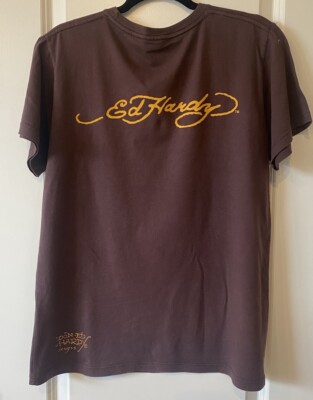 Ed Hardy Auth VTG Y2K L brown T-shirt Swarovski crystals rare hard 