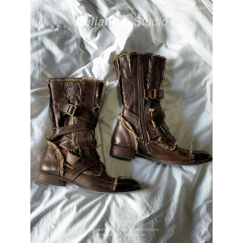 Women vintage Mid Calf Western Cowboy Boots Low Heels Buckle Straps Biker Boots - Picture 4 of 7