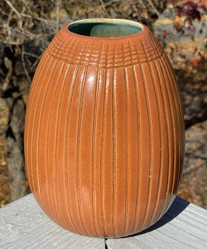 Vintage Mid-Century Modern Orange Carved Incised Haeger Vase Pot Retro
