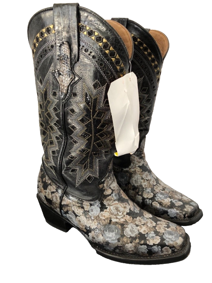 FERRINI WOMENS WESTERN BOOTS BLACK W/ BLUE FLOWERS SQUARE TOE