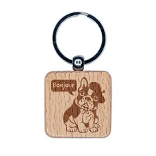 Bonjour French Bulldog with Beret and Bandana Engraved Wood Square Keychain