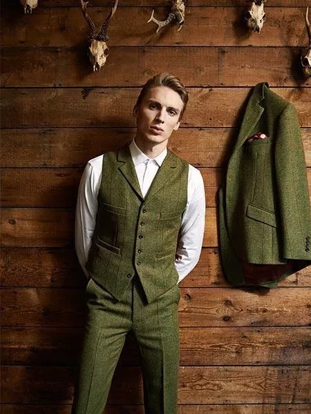 Men Tweed Suit Army Green Mens Winter Jacket Slim Fit Vintage Male Clothing  Coat