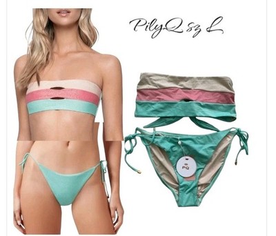 NWT PQ SWIM DIV-153B  COLOR BLOCK BANDEAU & DIV 213T Bottom BIKINI Set Sz L