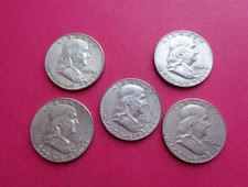 1962-D LOT OF 5 90 SILVER FRANKLIN HALF DOLLARS