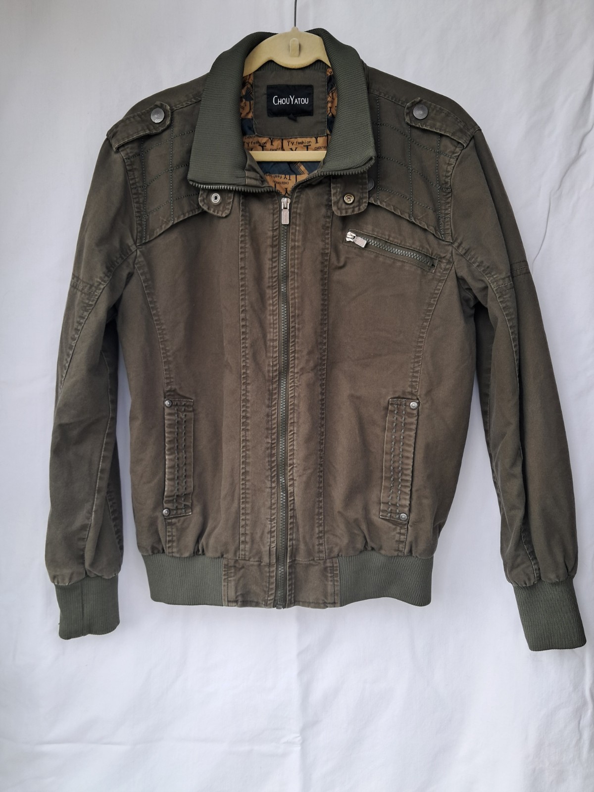 ChouYatou Mens Small Bomber Jacket Olive Army Green Full Zip