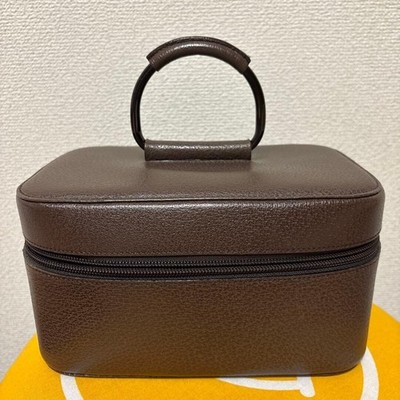 GUCCI Vintage Vanity Bag Brown Leather Top Handle Zipper Made in Italy