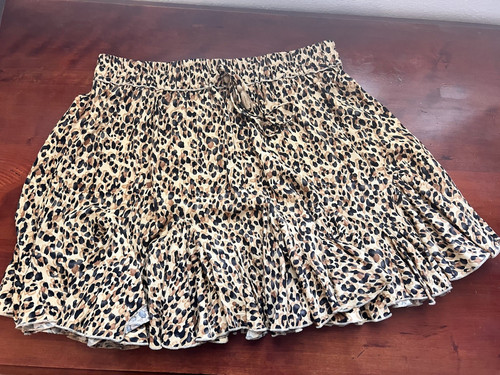 Aakas Leopard Animal Print Mini Skirt L Rayon High Rise Elastic Waist Pull-On