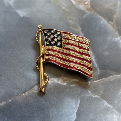 Camrose & Kross JBK USA American Flag Enamel Rhinestone Gold Plated Pin -Brooch