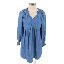 Old Navy Fit Flare Dress Long Sleeve Ruffle V Neck Dark Wash Denim Womens Medium