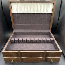 Vintage Dark Wood Unbranded Top Opening Silverware Chest With Drawer & Handles