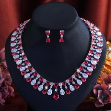 Red Water Drop CZ Wide Tennis Necklace Earrings Silver Plated Bridal Jewelry Set