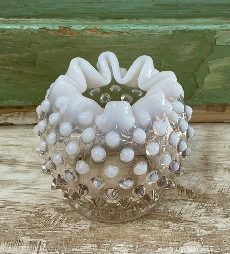 Vintage Fenton Hobnail White Opalescent Rose Bowl Ruffled Rim USA