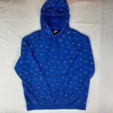 Nike Hoodie Mens M Blue All Over Swoosh Print Graphic Logo Sweatshirt Drawstring
