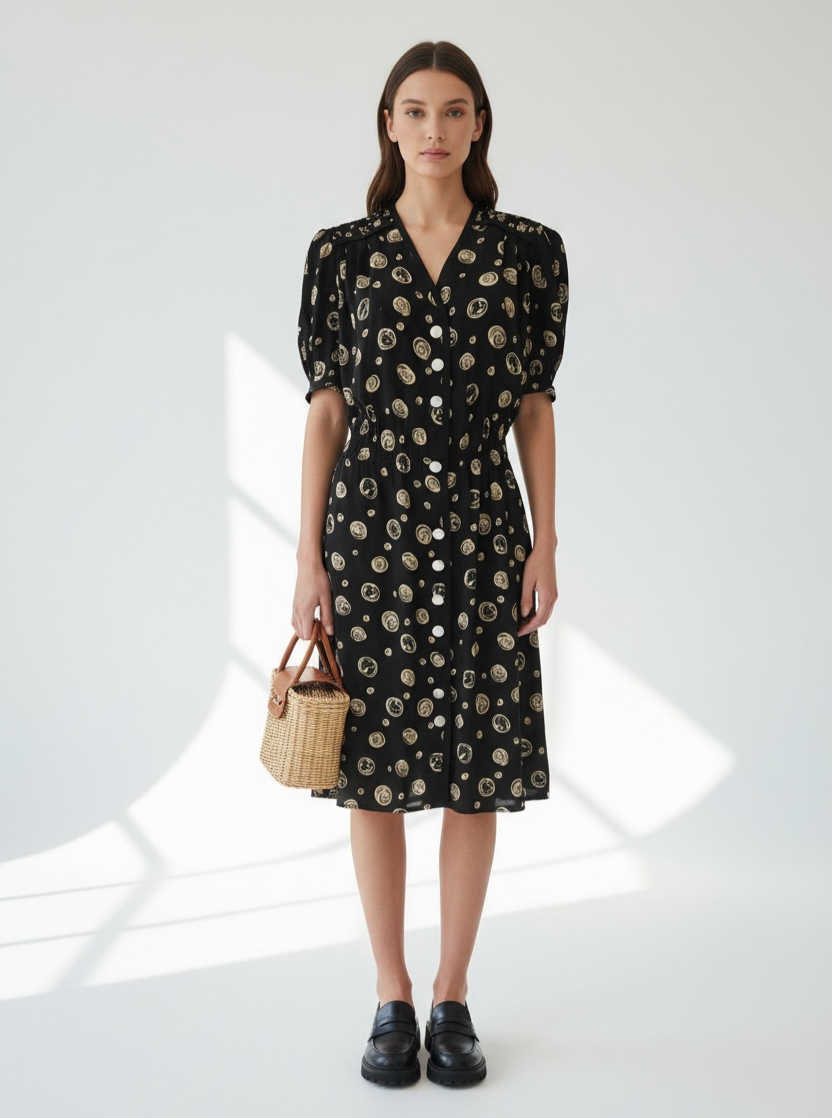LOUIS FERAUD Dress 12 L Silk Polka Dot Vtg 70s 80s Puffed Sleeve Paris Career