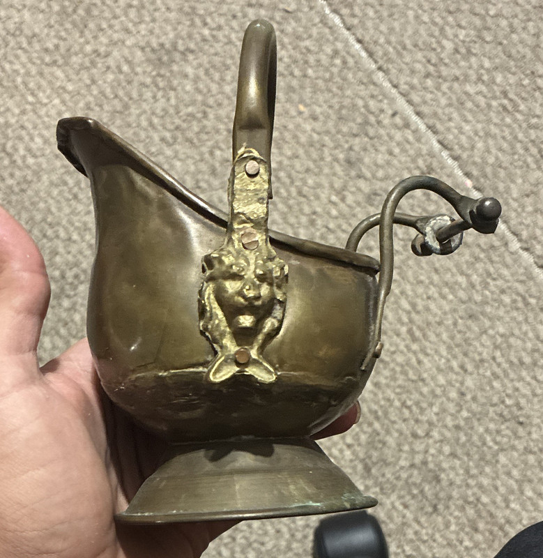Brass Creamer Vessel / Scoop with Handle & Spout, Decorative Face Mounts
