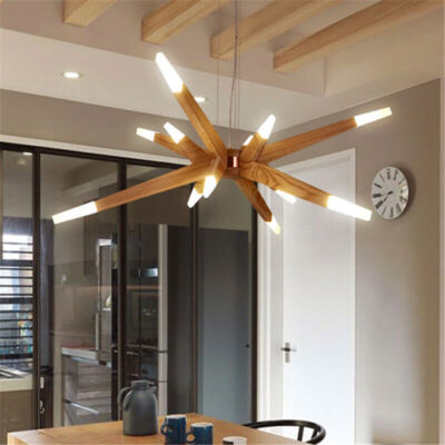 Modern LED Chandelier Sputnik Wood Pendant Light Ceiling Indoor Lighting Fixture