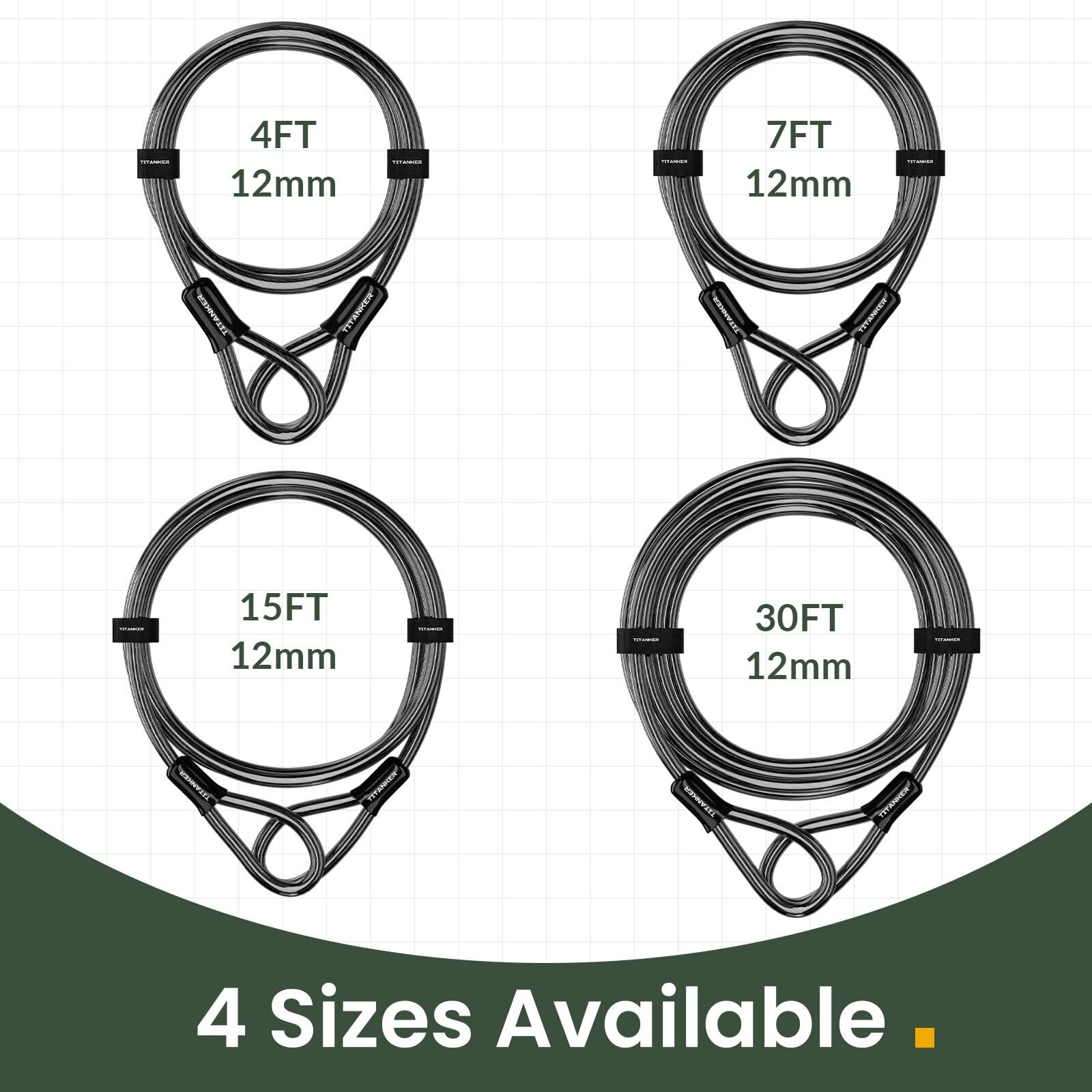 Titanker Bike Lock Cable12mm Thick Security Cable with Loops Heavy Duty Steel...