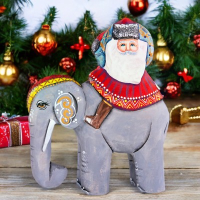 Wooden carved Santa Claus Figurine riding an elephant , Home Christmas Decor