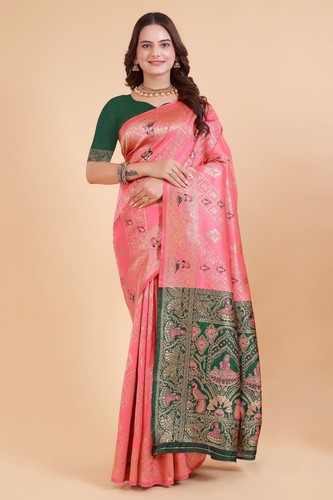 Damen Kota-Litchi Jacquard Bordüre Rosa Sari mit Ungenähtem Blusenteil. - Bild 2 von 4