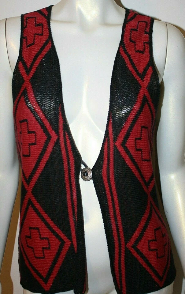 Ralph Lauren Rojo Negro Chaleco Geométrico Indio Manta Lino M Concho Botón Foto 3 de 4