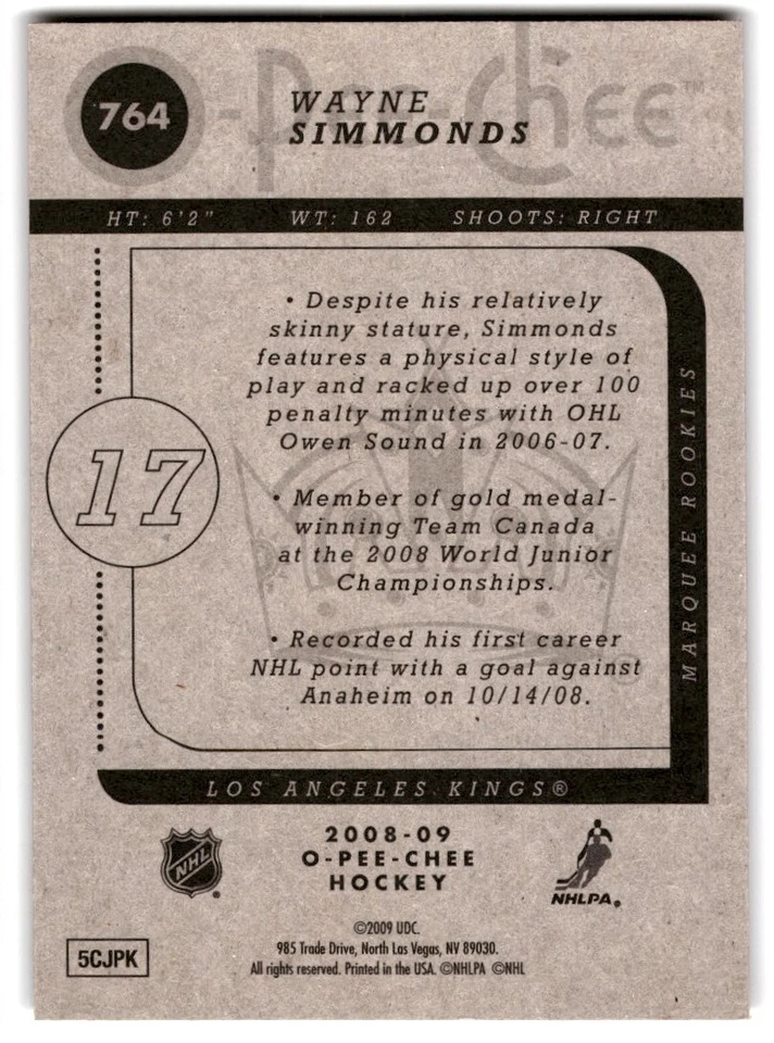 2008-09 O-Pee-Chee Wayne Simmonds Rookie #764 Los Angeles Kings - Image 2 of 2