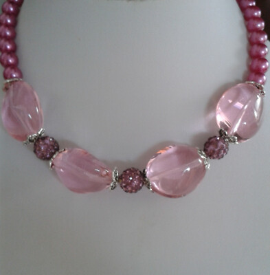 Schmuck Halskette Perlenkette Nuggets u. Makramee-Perlen pink rose 38 + 4 cm