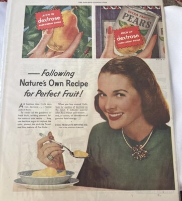 Vintage 1940's Kitchen 1946 Dextrose Sugar Pears Fruit Can Art Print AD 