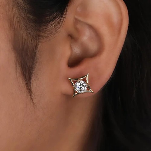 1.00 CT Round Cut EF VS/SI Lab Grown Diamond Prong Set Earrings 14k Yellow Gold - Picture 2 of 6