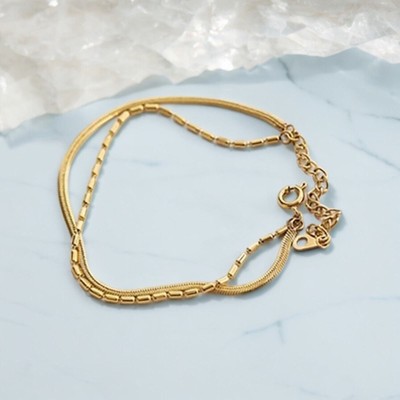 NEW 18K yellow gold double snake chain beaded bracelet jewelry B27A