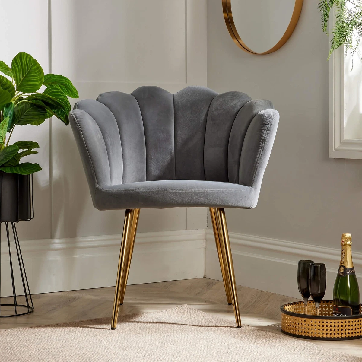 Grey Velvet Scallop Shell Chair Wing Back Armchair Occasional Sofa Gold Legs