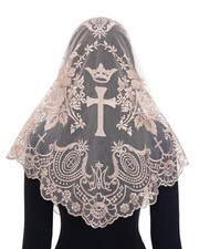 Mantilla Triangular Embroidered Rose Cross Veil for Catholic Women Champagne ...