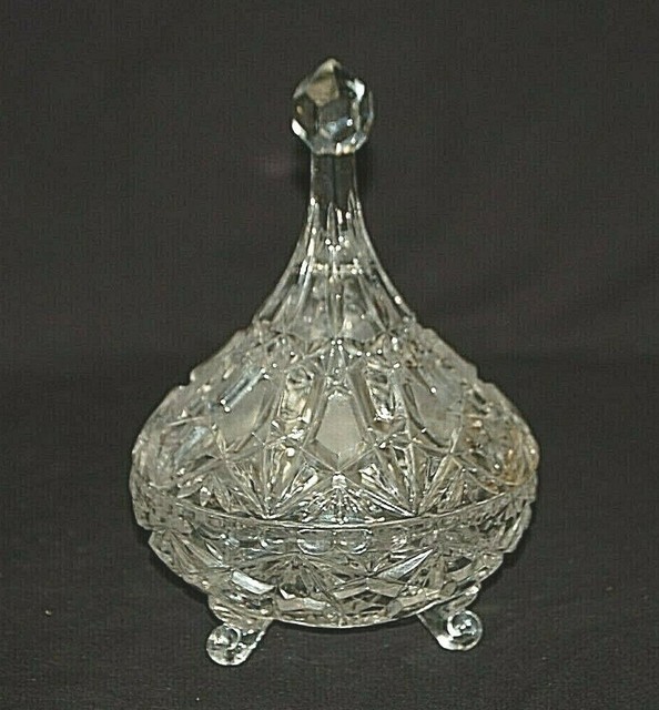 Old Vintage Clear Crystal 3 Footed Candy Nut Dish w Tall Lid Unkown