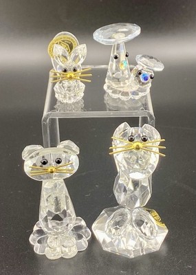 VTG Lot 4 Handmade Sklarny Bydzov Crystal From Bohemia CAT & Mushrooms Figurines