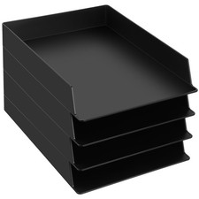 Stackable Paper Trays Rectangular Plastic Desktop File Organizer Black 4 PCS