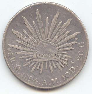 Mexico 1894 Mo AM Cap and Rays 8 Reales XF True Auction No Reserve