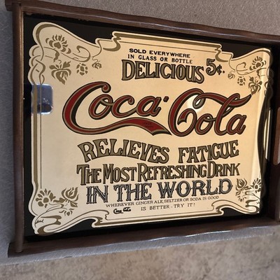 Coca-Cola ミラートレー 取手付き 木製フレーム ヴィンテージ USA Vintage 1970's Coca-Cola original wood mirror tray 16
