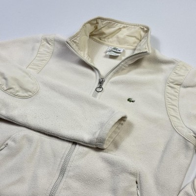 Lacoste Fleece Jacket Womens 40 Cream Full Zip Elbow Patch Logo Casual Medium