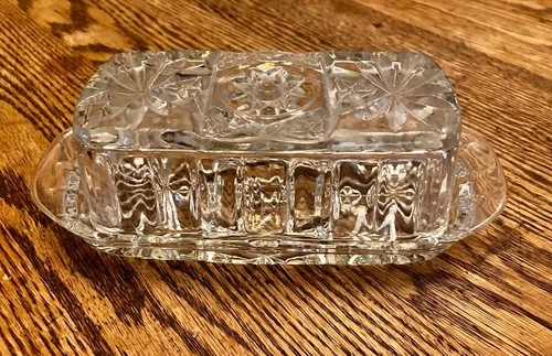 Vintage Anchor Hocking Star Design Cut Glass Butter Dish w Lid EUC